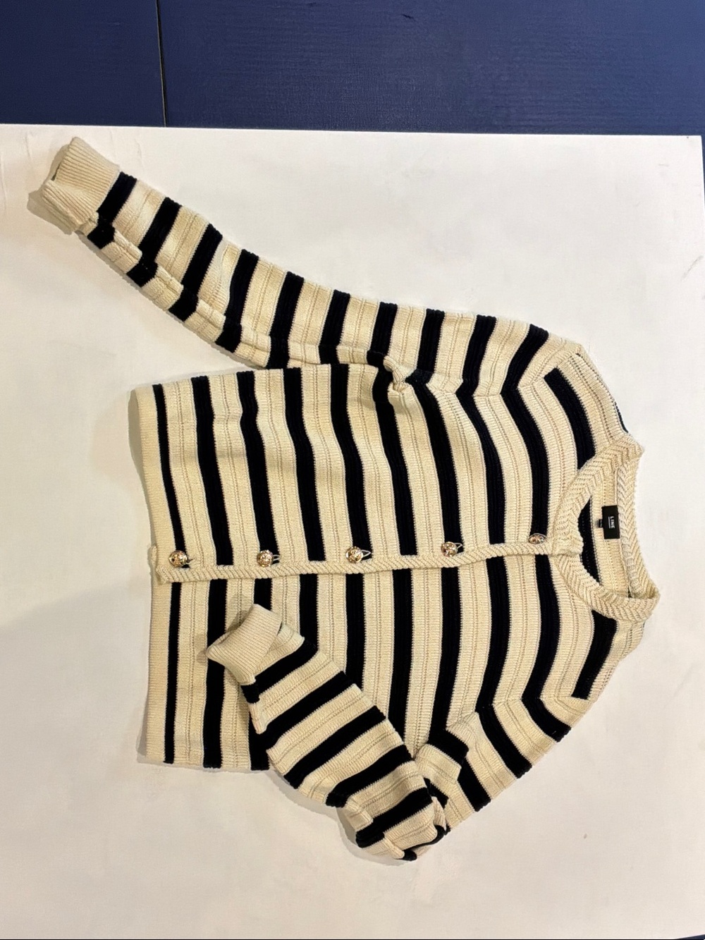 Striped Crewneck Button-Front Cardigan - Cream & Black